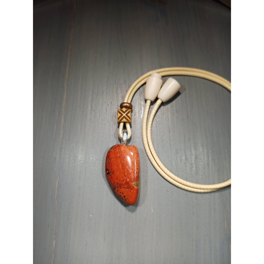 TrailerSpark Brecciated‎ Jasper Pendant Necklace Waxed Cord 18in Break Away Red
